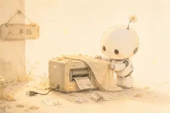 小机器人给停转的 AI 早报机盖上布、拔下插头，轻轻道别，墙上挂着「AI 早报」的木牌