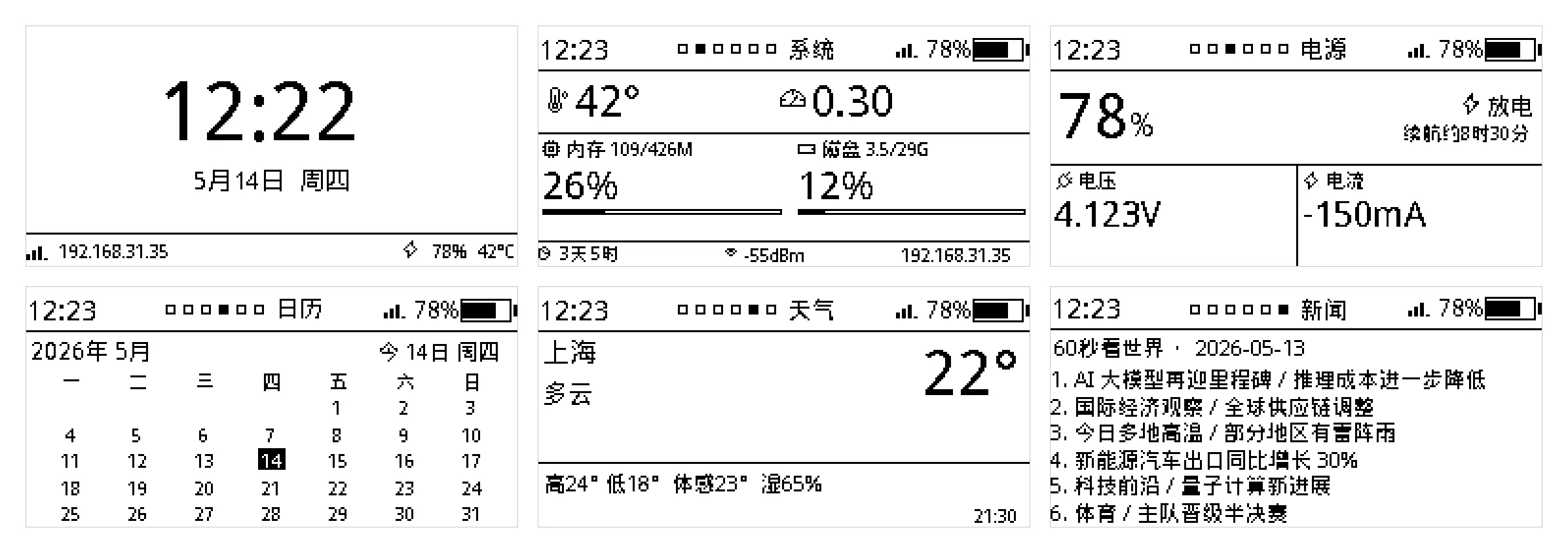 六页墨水屏 PNG 渲染网格：时钟、系统、电源、日历、天气、新闻